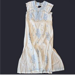 Madison Mathew’s White Maxi Dress with Blue Embroidery - Size Small